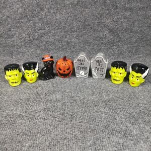 Halloween Salt Pepper Shakers Lot 4 Sets Frankenstein Pumpkin Cat Tombstone